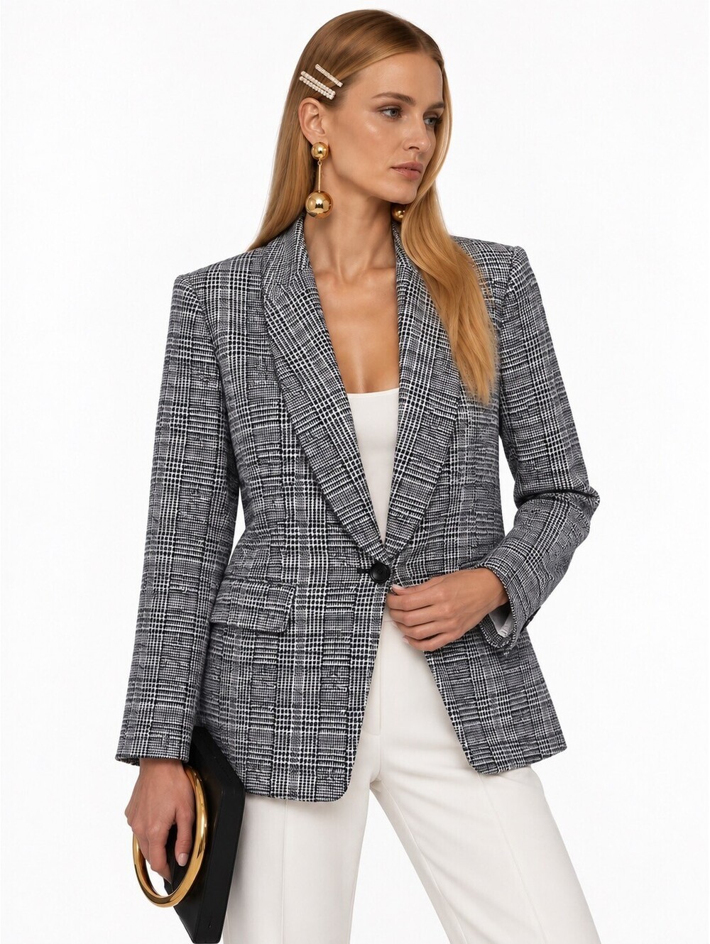 Escada Wool Silk Blend Glen Plaid Single Button Blazer Women Size 44 Size L